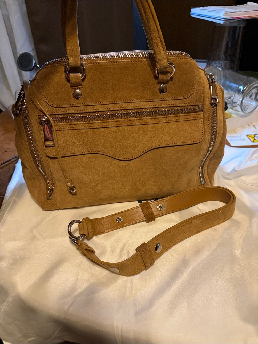 Rebecca Minkoff Suede Satchel Shoulder Bag in Camel